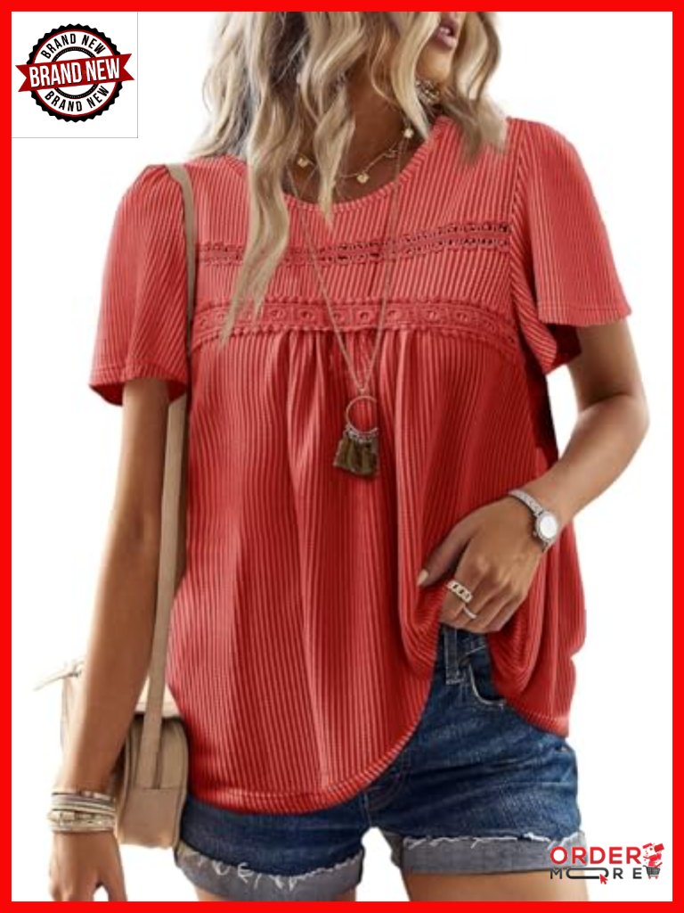 Crewneck Short Sleeve Striped Ribbed Blouse Tunics Flowy Hem Casual Boho
